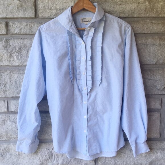 Blue & White Pinstripe Button Down with Pleated Tuxedo Front / FLASH SALE - Picture 2 of 5